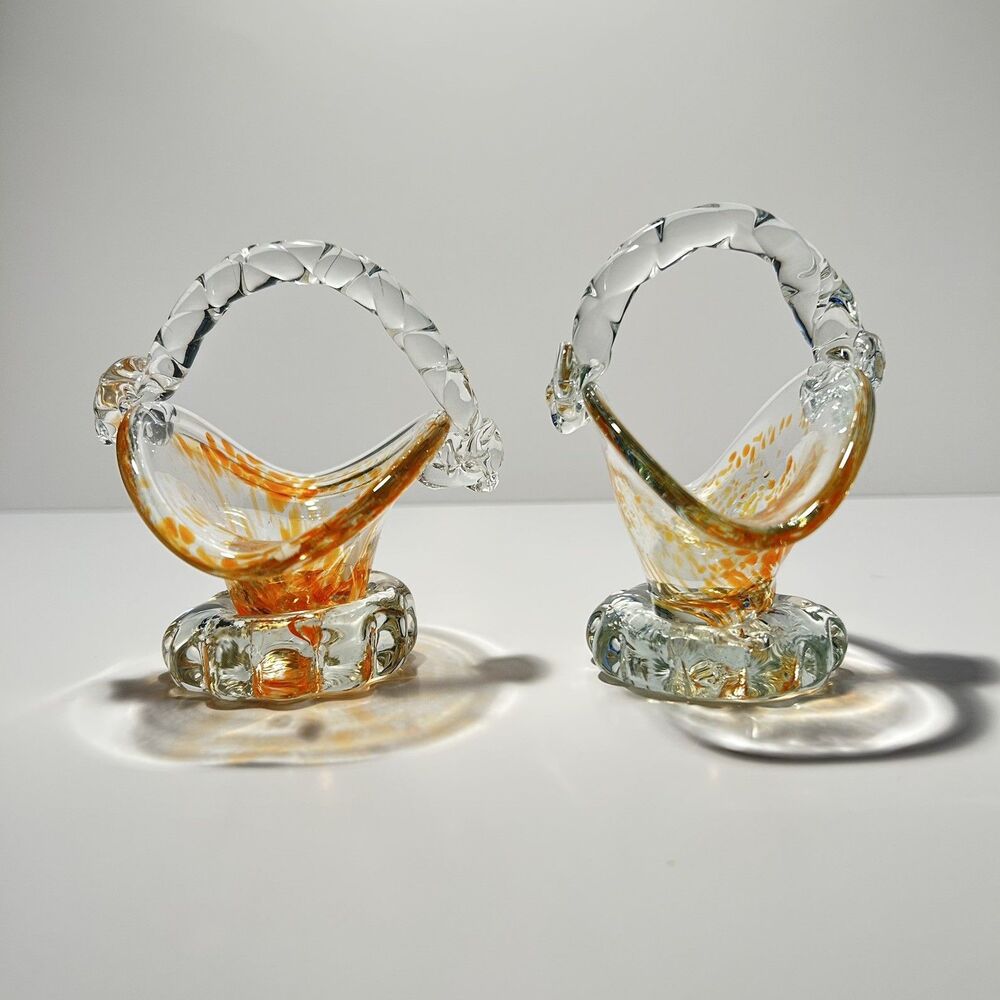 Vintage art glass tiny baskets set of 2